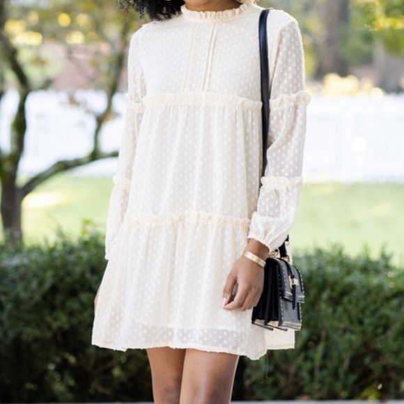 Solution Dresses & Skirts - SOLUTION Cream off white Swiss Dot Babydoll Dress long sleeve ruffled edges Sz S